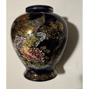 Vintage Japanese Vase 6" Cobalt‎ Blue Peacock Flowers Birds Porcelain